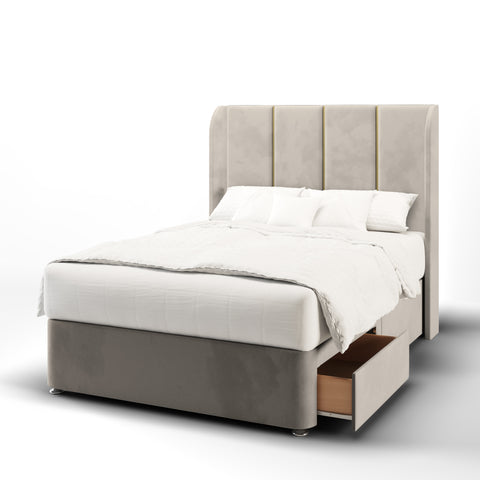 Brooklyn 4 Panel Metal Gold Strip Top Curve Wing Bespoke Headboard Divan Base Storage Bed with Mattress Options-Divan Bed-Chic Concept