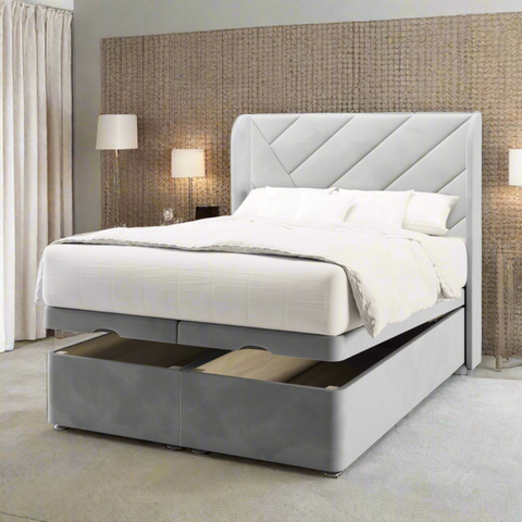 Everest Multi Diagonal Panel Fabric Upholstered Sierra Winged Headboard with Ottoman Storage Bed & Mattress Options-Ottoman Bed-Chic Concept