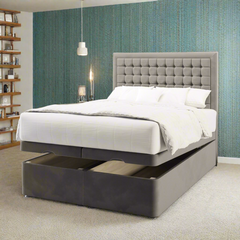 Hudson Small Cubic Buttoned Border Fabric Upholstered Tall Headboard with Ottoman Storage Bed & Mattress Options-Ottoman Bed-Chic Concept