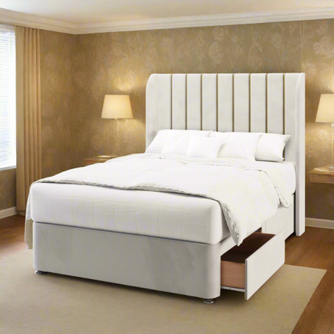 Durham Vertical Panel Metal Gold Strip Top Curve Wing Bespoke Headboard Divan Base Storage Bed with Mattress Options-Divan Bed-Chic Concept