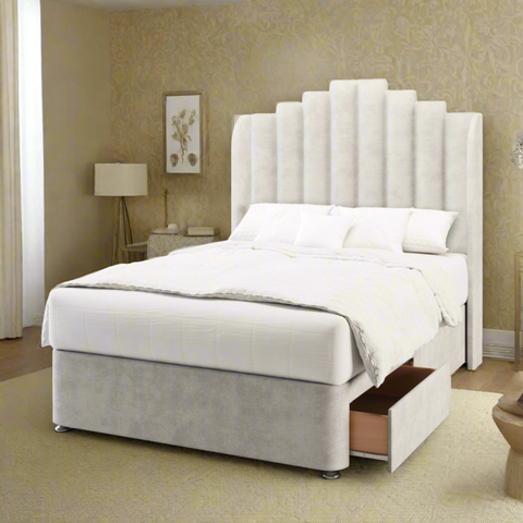 Coco Art Deco Top Curve Wing Bespoke Headboard Divan Base Storage Bed with Mattress Options-Divan Bed-Chic Concept