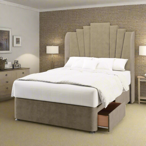 Gatsby Art Deco Top Curve Wing Bespoke Headboard Divan Base Storage Bed with Mattress Options-Divan Bed-Chic Concept