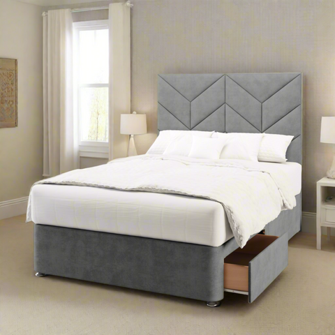 Descent Chevron Design Bespoke Tall Headboard Kids Divan Bed Base with Mattress Options-Divan Bed-Chic Concept