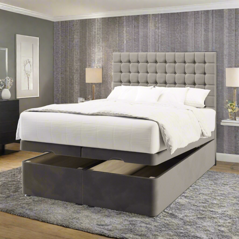 Harriett Small Cubic Buttoned Fabric Upholstered Tall Headboard with Ottoman Storage Bed & Mattress Options-Ottoman Bed-Chic Concept