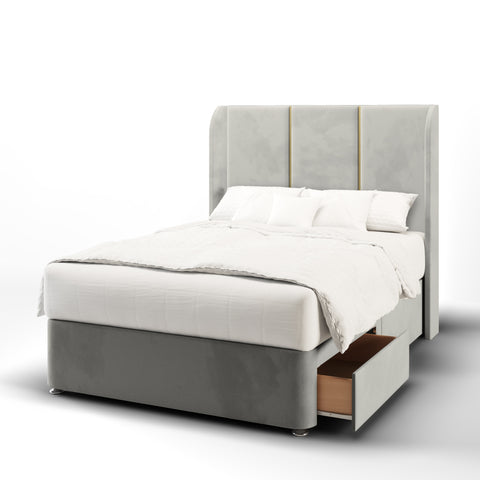 York 3 Panel Metal Gold Strip Top Curve Wing Bespoke Headboard Divan Base Storage Bed with Mattress Options-Divan Bed-Chic Concept