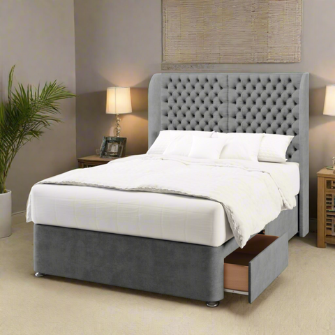 Seville Double Panel Chesterfield Top Curve Wing Bespoke Headboard Divan Base Storage Bed with Mattress Options-Divan Bed-Chic Concept