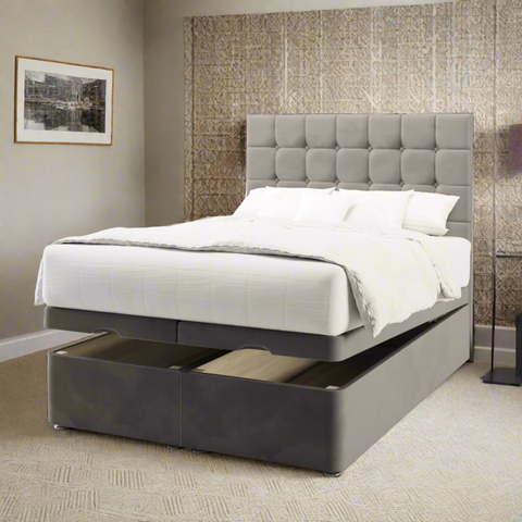 Aspen Large Cubic Buttoned Fabric Upholstered Tall Headboard with Ottoman Storage Bed & Mattress Options-Ottoman Bed-Chic Concept