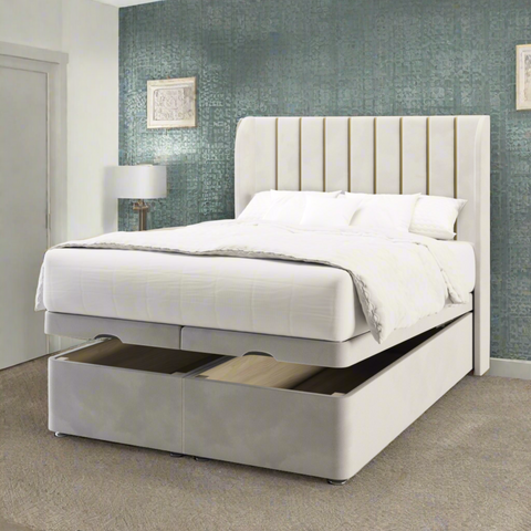 Durham Vertical Panel Gold Strip Fabric Upholstered Sierra Winged Headboard with Ottoman Storage Bed & Mattress Options-Ottoman Bed-Chic Concept