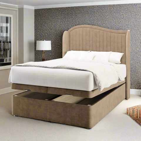 Wave Vertical Lines Border Fabric Upholstered Sierra Winged Headboard with Ottoman Storage Bed & Mattress Options-Ottoman Bed-Chic Concept