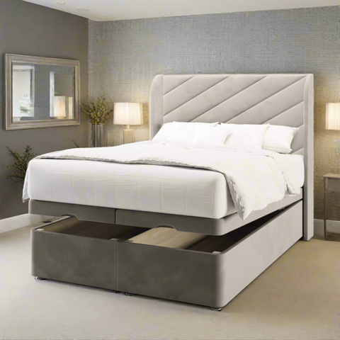 Athens Diagonal Panel Fabric Upholstered Sierra Winged Headboard with Ottoman Storage Bed & Mattress Options-Ottoman Bed-Chic Concept