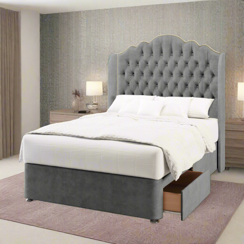 Amelia Chesterfield Top Curve Wing Bespoke Headboard Divan Base Storage Bed with Mattress Options-Divan Bed-Chic Concept