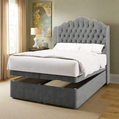Amelia Chesterfield Fabric Upholstered Sierra Winged Headboard with Ottoman Storage Bed & Mattress Options-Ottoman Bed-Chic Concept