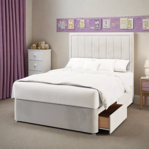 Bella Vertical Lines Border Fabric Upholstered Tall Headboard with Kids Divan Bed Base & Mattress Options-Divan Bed-Chic Concept