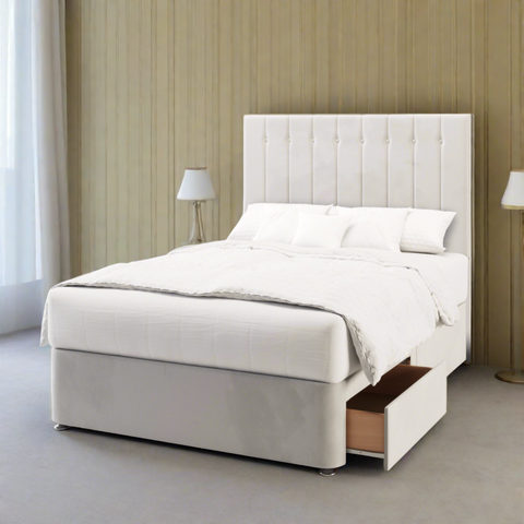 Dormeo Vertical Lines Buttoned Fabric Upholstered Tall Headboard with Divan Bed Base & Mattress Options