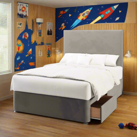 Valencia Plain Fabric Upholstered Tall Headboard with Kids Divan Bed Base & Mattress Options-Divan Bed-Chic Concept