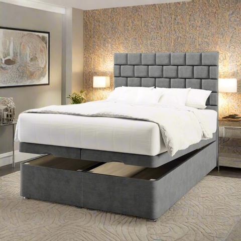 Brick Design Fabric Upholstered Tall Headboard with Ottoman Storage Bed & Mattress Options-Ottoman Bed-Chic Concept