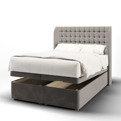 Harriett Small Cubic Buttoned Fabric Upholstered Sierra Winged Headboard with Ottoman Storage Bed & Mattress Options-Ottoman Bed-Chic Concept