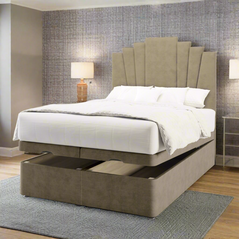 Gatsby Art Deco Fabric Upholstered Tall Headboard with Ottoman Storage Bed & Mattress Options-Ottoman Bed-Chic Concept