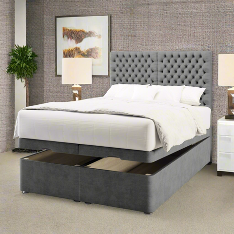 Seville Double Panel Chesterfield Buttoned Fabric Upholstered Tall Headboard with Ottoman Storage Bed & Mattress Options-Ottoman Bed-Chic Concept