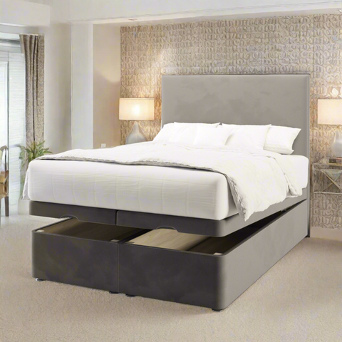 Valencia Plain Fabric Upholstered Tall Headboard with Ottoman Storage Bed & Mattress Options-Ottoman Bed-Chic Concept