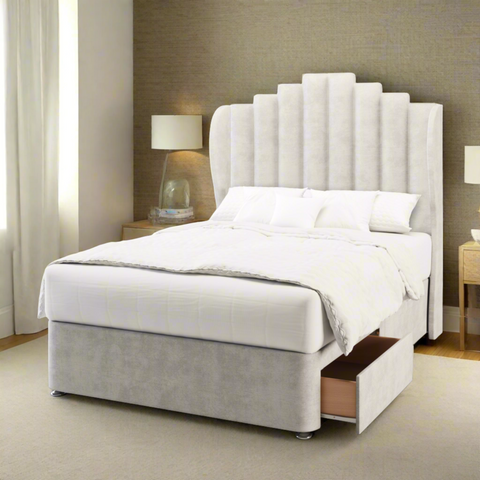 Coco Art Deco Middle Curve Wing Bespoke Headboard Divan Base Storage Bed with Mattress Options-Divan Bed-Chic Concept