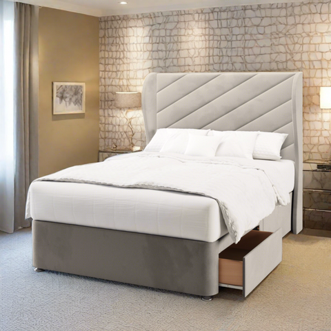 Athens Diagonal Panel Middle Curve Wing Bespoke Headboard Divan Base Storage Bed with Mattress Options-Divan Bed-Chic Concept