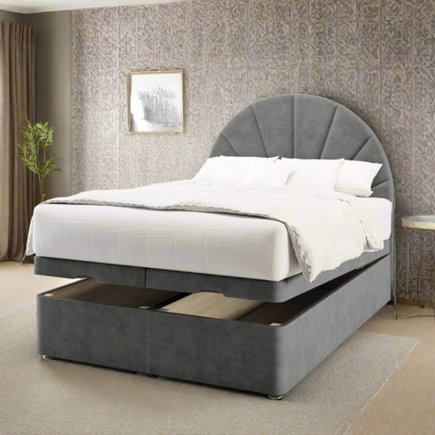Bilbao Half Moon Vertical Lines Fabric Upholstered Tall Headboard with Ottoman Storage Bed & Mattress Options-Ottoman Bed-Chic Concept
