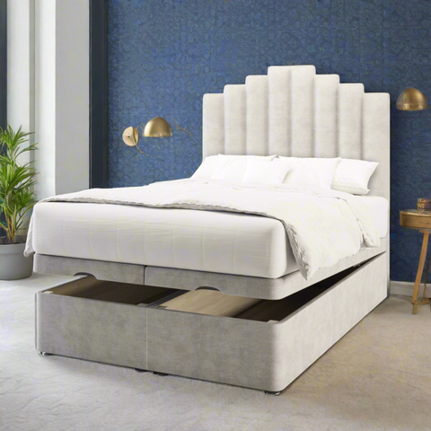 Coco Art Deco Fabric Upholstered Tall Headboard with Ottoman Storage Bed & Mattress Options-Ottoman Bed-Chic Concept
