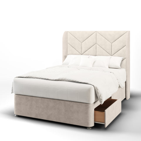 Descent Chevron Design Top Curve Wing Bespoke Headboard Divan Base Storage Bed with Mattress Options-Divan Bed-Chic Concept