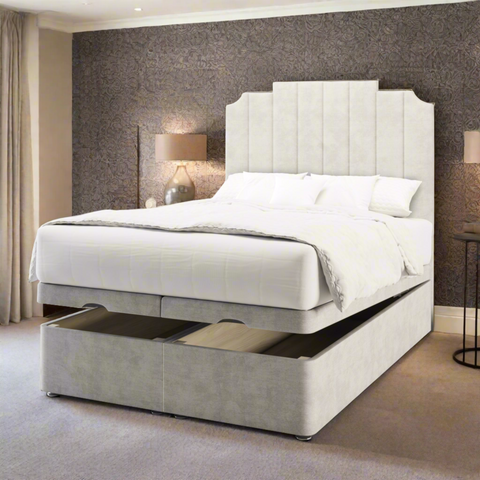 Lisbon Art Deco Fabric Upholstered Tall Headboard with Ottoman Storage Bed & Mattress Options-Ottoman Bed-Chic Concept