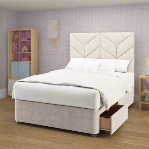 Descent Chevron Design Bespoke Tall Headboard Kids Divan Bed Base with Mattress Options-Divan Bed-Chic Concept