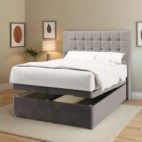Aspen Large Cubic Buttoned Fabric Upholstered Serenity Winged Headboard with Ottoman Storage Bed & Mattress Options-Ottoman Bed-Chic Concept