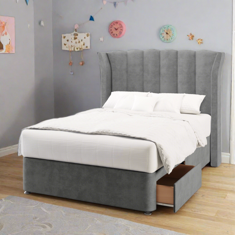 Arabella Curved Outward Wing Vertical Panels Headboard Kids Divan Bed Base with Mattress Options-Divan Bed-Chic Concept