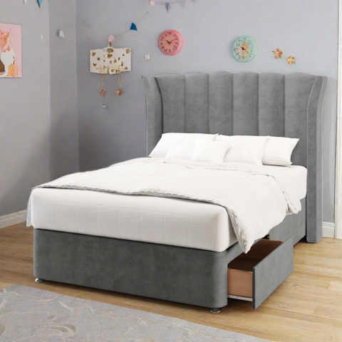 Arabella Curved Outward Wing Vertical Panels Headboard Kids Divan Bed Base with Mattress Options