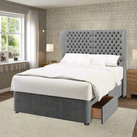 Seville Double Panel Chesterfield Middle Curve Wing Bespoke Headboard Divan Base Storage Bed with Mattress Options-Divan Bed-Chic Concept