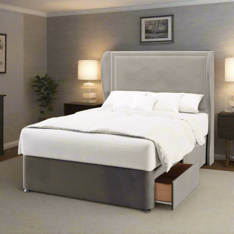 Verona Plain Studded Border Middle Curve Wing Bespoke Headboard Divan Base Storage Bed with Mattress Options-Divan Bed-Chic Concept