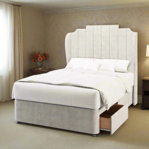 Lisbon Art Deco Middle Curve Wing Bespoke Headboard Divan Base Storage Bed with Mattress Options-Divan Bed-Chic Concept