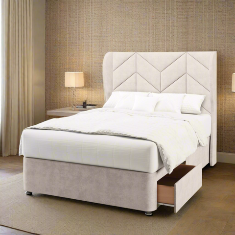 Ascent Chevron Design Middle Curve Wing Bespoke Headboard Divan Base Storage Bed with Mattress Options-Divan Bed-Chic Concept