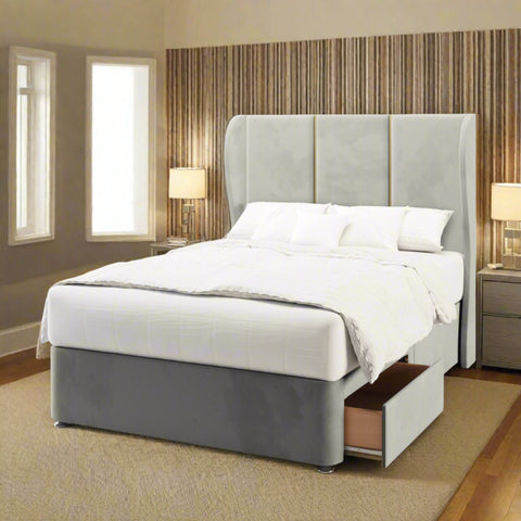 York 3 Panel Metal Gold Strip Middle Curve Wing Bespoke Headboard Divan Base Storage Bed with Mattress Options-Divan Bed-Chic Concept