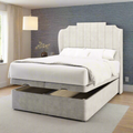 Lisbon Art Deco Fabric Upholstered Solitaire Winged Headboard with Ottoman Storage Bed & Mattress Options-Ottoman Bed-Chic Concept