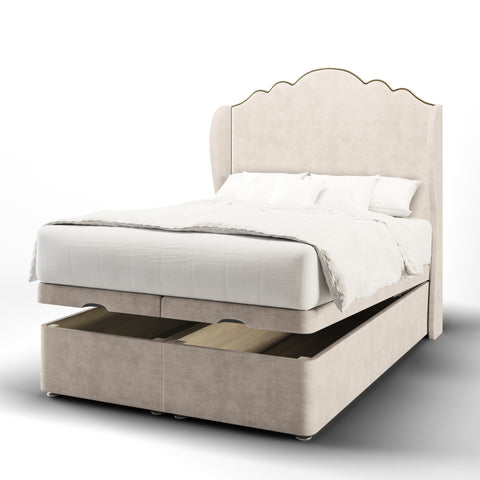 Amelia Fabric Upholstered Solitaire Winged Headboard with Ottoman Storage Bed & Mattress Options-Ottoman Bed-Chic Concept