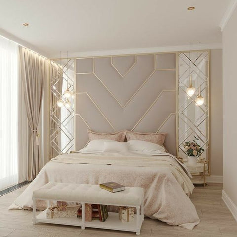 New Bespoke V Designer Gold Metal Aluminium Strip Wall Mounted Fabric Upholstered Wall Board Headboard-Bed-Chic Concept