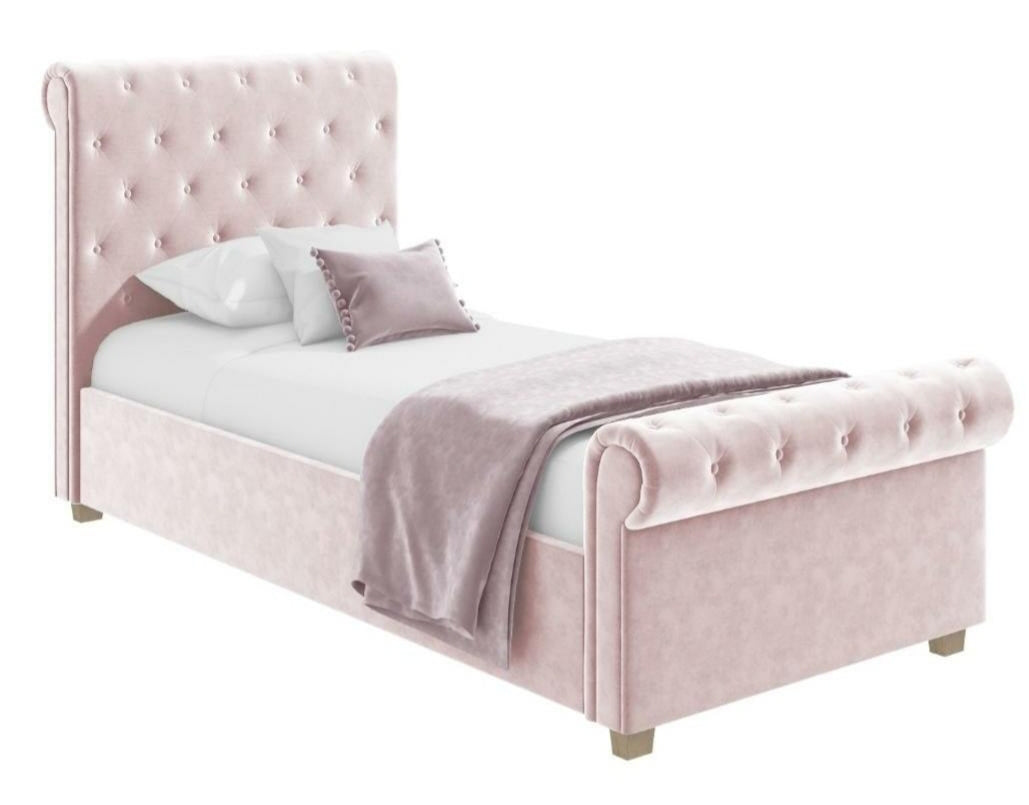 3FT Single Hilton Upholstered Pink Sleigh Bed Chic Concept