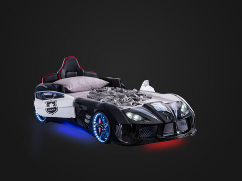 NYPD Police 3FT Single Children's Novelty Black & White Racing Car Bed with LED Lights, Sound & Bluetooth-Children's Bed-Chic Concept