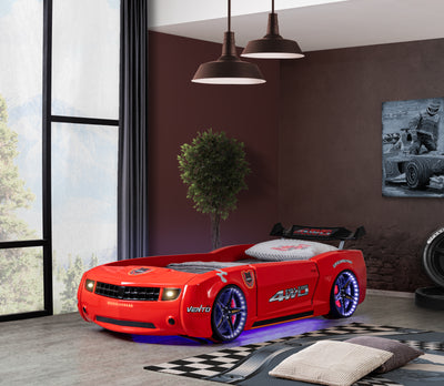 Dodge Children's Novelty Kids Red Racing Car Bed -3FT Single with LED Lights, Sound & Bluetooth-Children's Bed-Chic Concept
