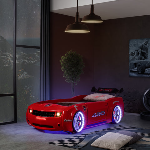 Dodge Children's Novelty Kids Red Racing Car Bed -3FT Single with LED Lights, Sound & Bluetooth-Children's Bed-Chic Concept