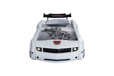 Dodge Children's Novelty Kids White Racing Car Bed -3FT Single with LED Lights, Sound & Bluetooth-Children's Bed-Chic Concept