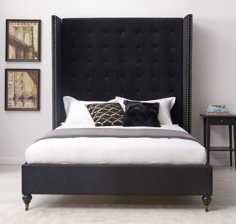 4FT6 Double Melrose Buttoned Black Velvet Fabric Sleigh Bed-Sleigh Bed-Chic Concept