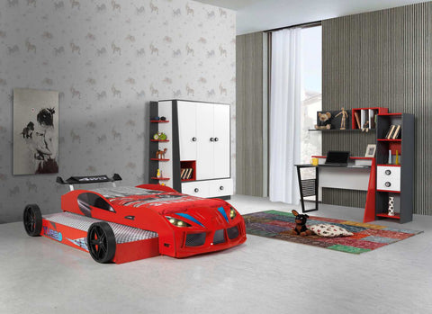 Speedy Boy Kids Red Race Car Bed with Pullout Bed -3FT Single-Children's Bed-Chic Concept