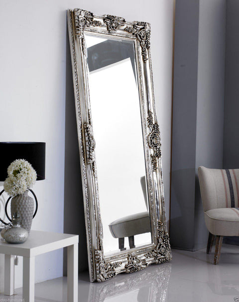 Large Rococo Leaner Silver Ornate Wall Mirror-Full Length Mirror-Chic Concept